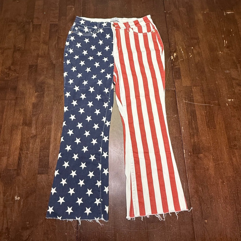 Judy Blue Flare Jeans Women 15/32 Blue Red Stars Stripes American Flag Patriotic
